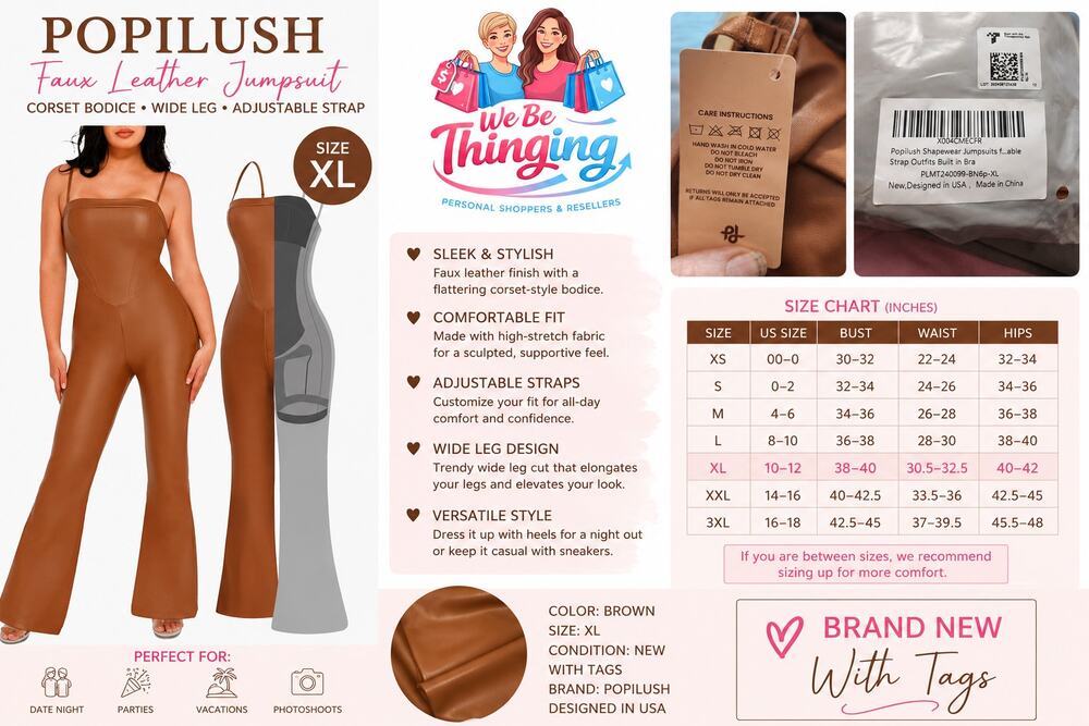 Popilush Faux Leather Shapewear Jumpsuit XL Brown Corset Bodice Wide Leg NWT